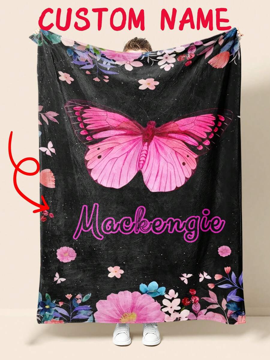 1pc Custom Name Butterfly Flowers Blanket, Black Personalized Mom Birthday Gifts, Mother's Day Gifts From Son Or Daughter, World Best Mum Print Flannel Blanket, Soft And Comfortable Blanket, Suitable For Bedroom Bed, Sofa, Office Multi-Purpose Throw Blanket