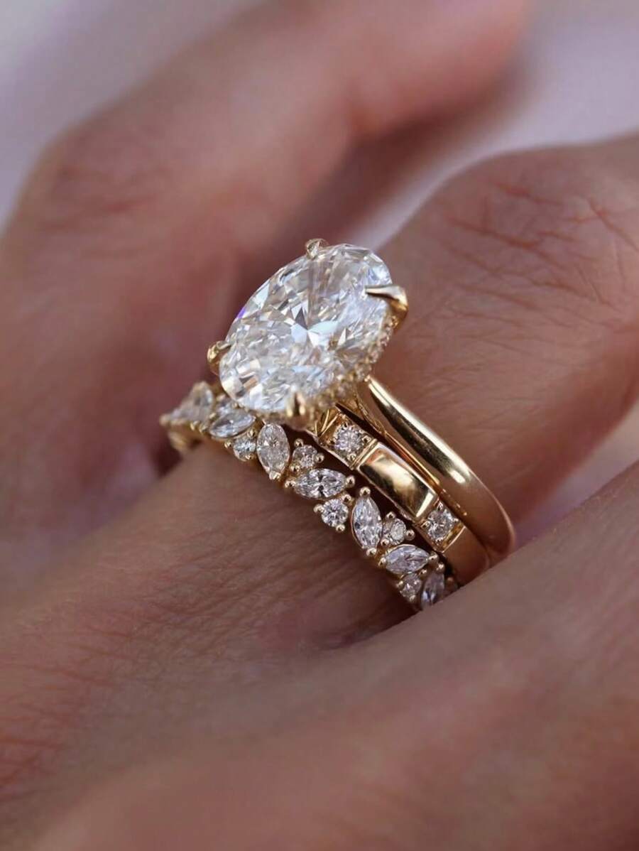 3pcs/Set Luxury Elegant S925 Sterling Silver Oval Cubic Zirconia Ring Set, Suitable For Women Wedding Engagement Party Daily Wear Anniversary Holiday Gift