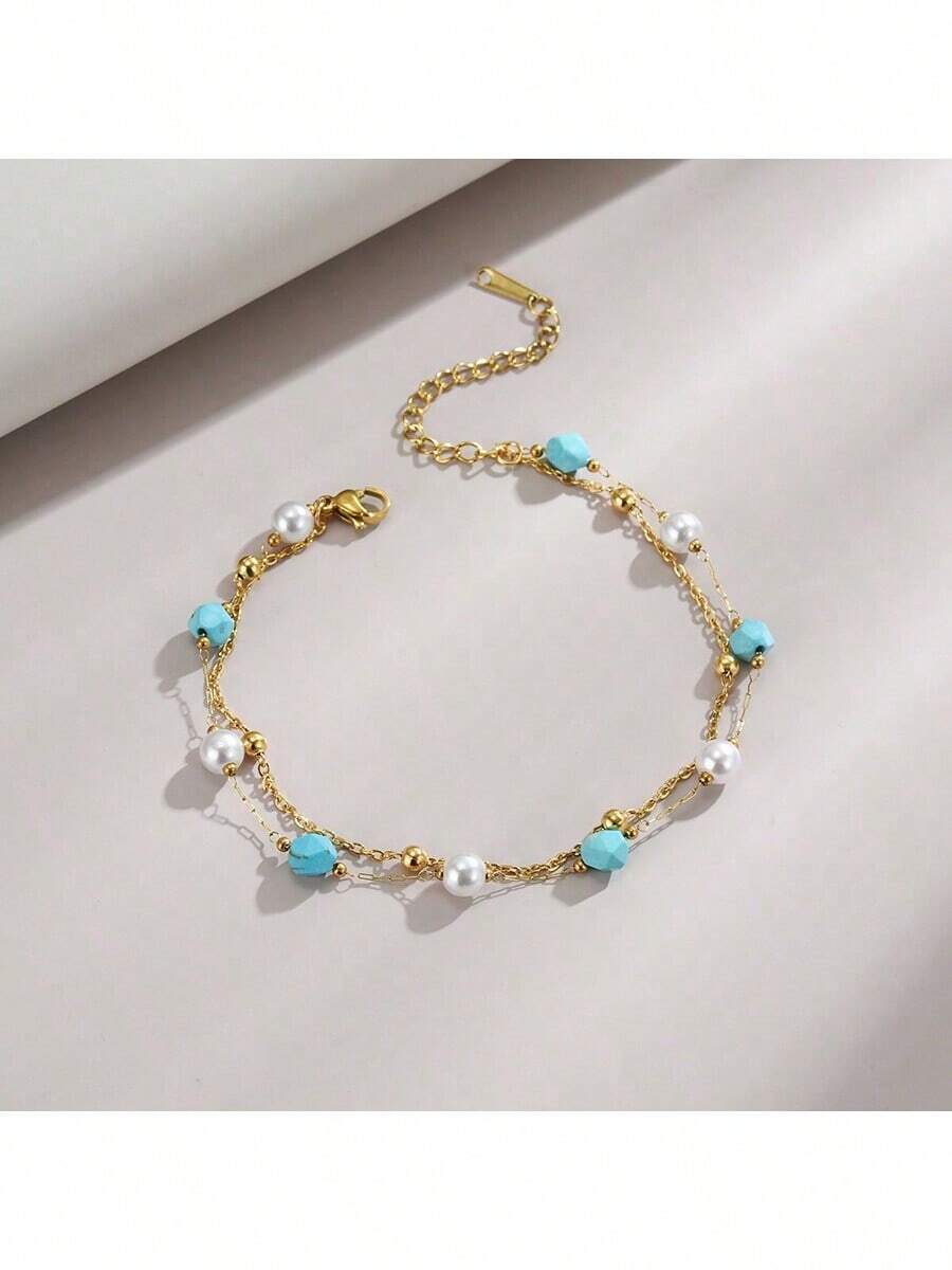 1pc Natural Stone Stainless Steel Anklet For Women, Summer Beach Foot Jewelry (Note: Asymmetrical Stones, Varied Stone Sizes, Color Differences, Handmade Chain Lengths May Vary)