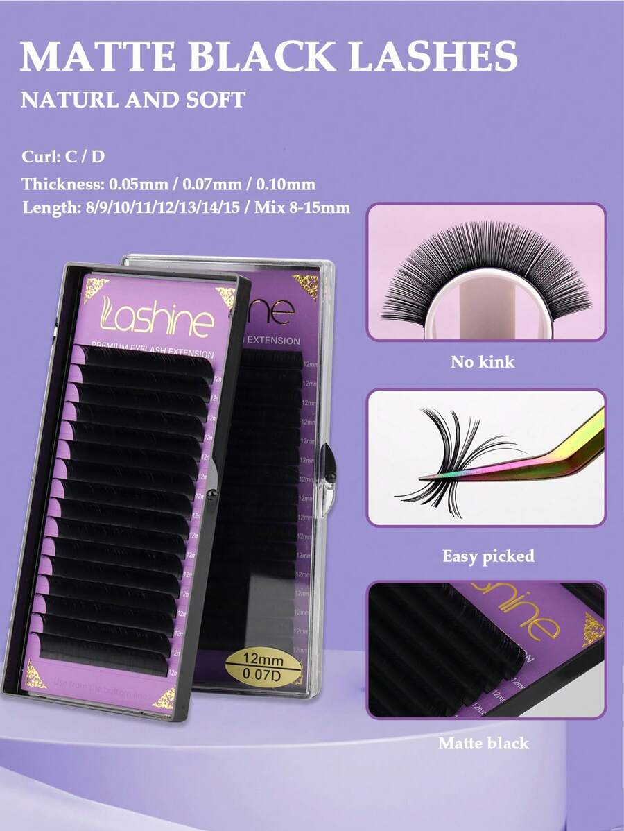 LASHINE 16Rows 0.05 0.07 0.10 0.12 0.15mm Premium D Curl Cashmere Matte Black Lashes Soft Natural Mega Volume Eyelash Extensions Classic Individual Lash Extensions Wholesale