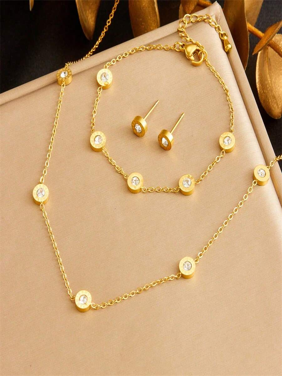 1 Set vergoldeter Strass Dekor Runde Zifferblatt mit römischen Ziffern Accessoires, Ohrringe, Armband, Halskette