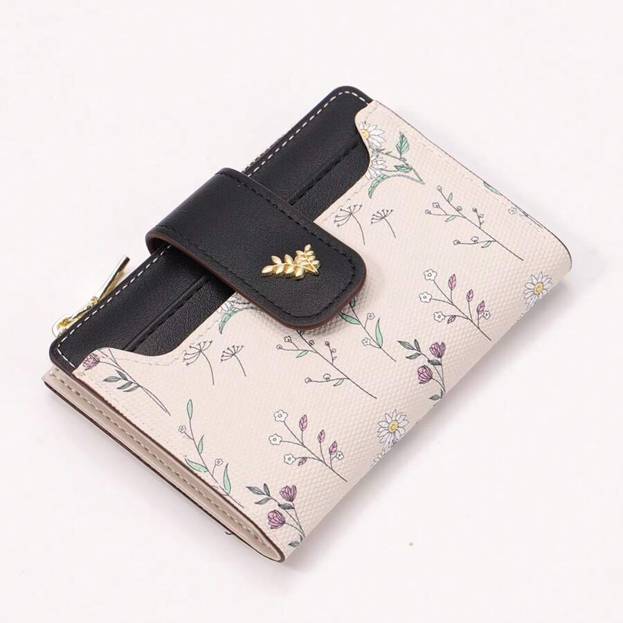 Suphiar Elegant Floral Print Metal Button Small Bifold Wallet For Women Wallet Mini Wallet Purse Wallet Small Wallet