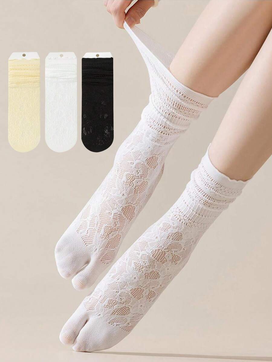 1/2/3 pares de medias con dedos de mujer en color blanco con ribete de encaje, medias abiertas con diseño calado para usar con sandalias, medias ligeras de verano, medias de media pantorrilla con división de dedos y borde de encaje para estudiantes
