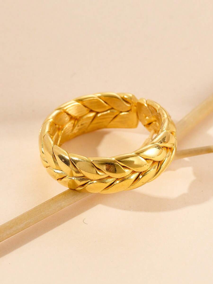 Mazuer 1pc 18k Gold Plated Vintage Stainless Steel Braided Design Ring, Elegant Summer Spring Accessory Suitable For Women Beach, Easter, Western Party, Date, Gift, Vacation