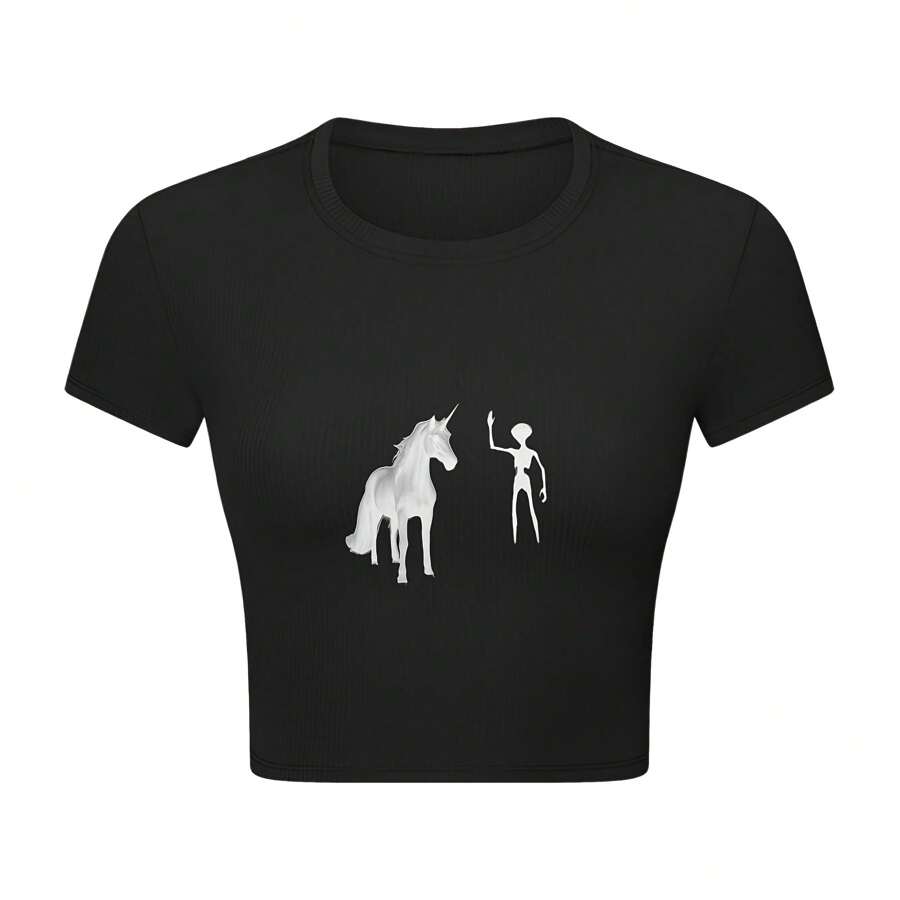 Unicorn Skeleton Graphic Crop Top T-Shirt For Women - Black