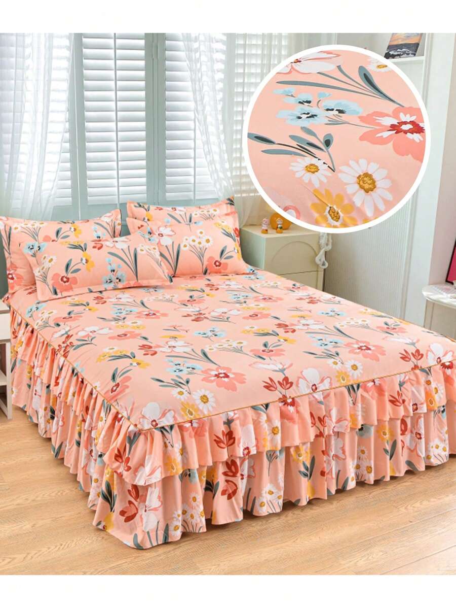 3-teiliges Bettvolant-Set (1 Stück Bettvolant + 2 Stücke Kissenbezüge), rüschenverzierten Bettvolant, weich & atmungsaktiv, geeignet für dekorative Bettwäsche im Schlafzimmer