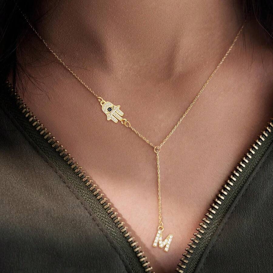 1pc New Classic Pave Zirconia Initial Hamsa Hand Gold Color Stainless Steel Chain Necklace For Women