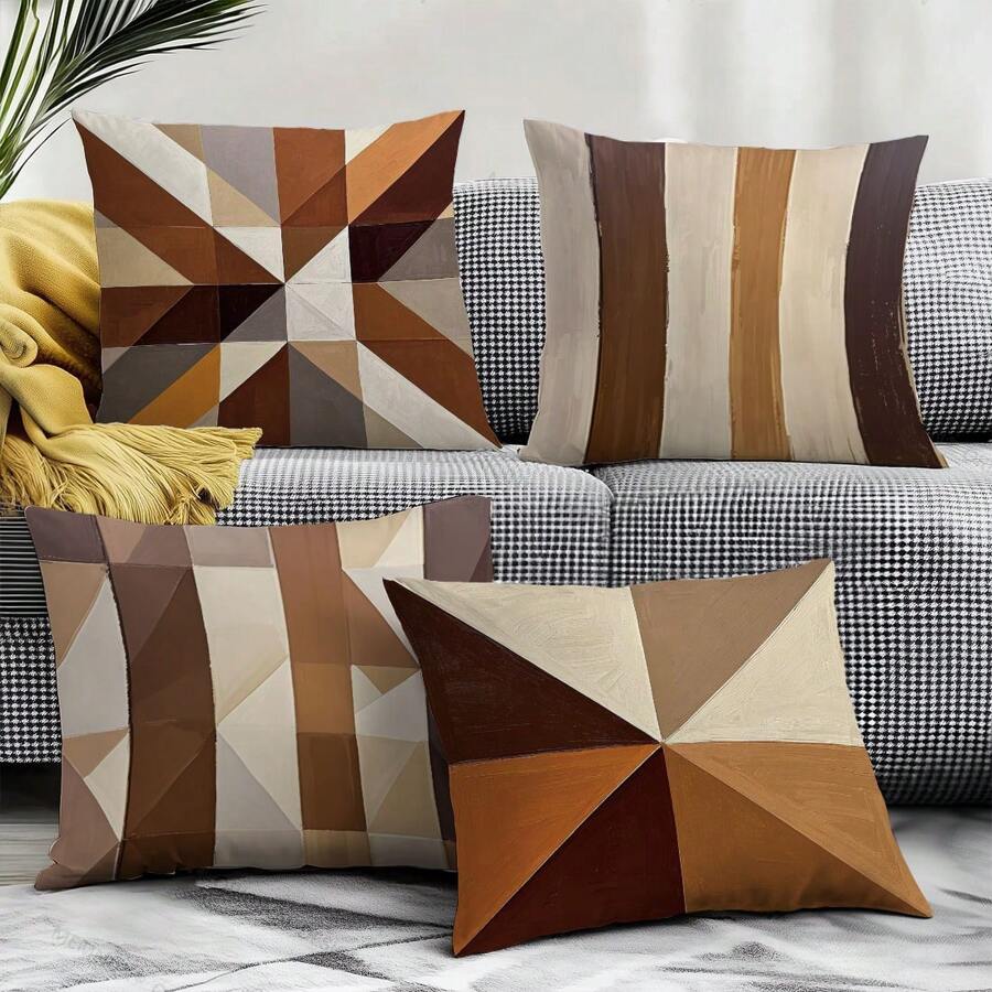 4pcs Coffee Geometric Painting Design Decorative Throw Pillow Covers, Skin-Friendly Peach Velvet Fabric, One-Sided Printed 45*45CM, Suitable For Home, Bedroom, Living Room, Sofa, Gift