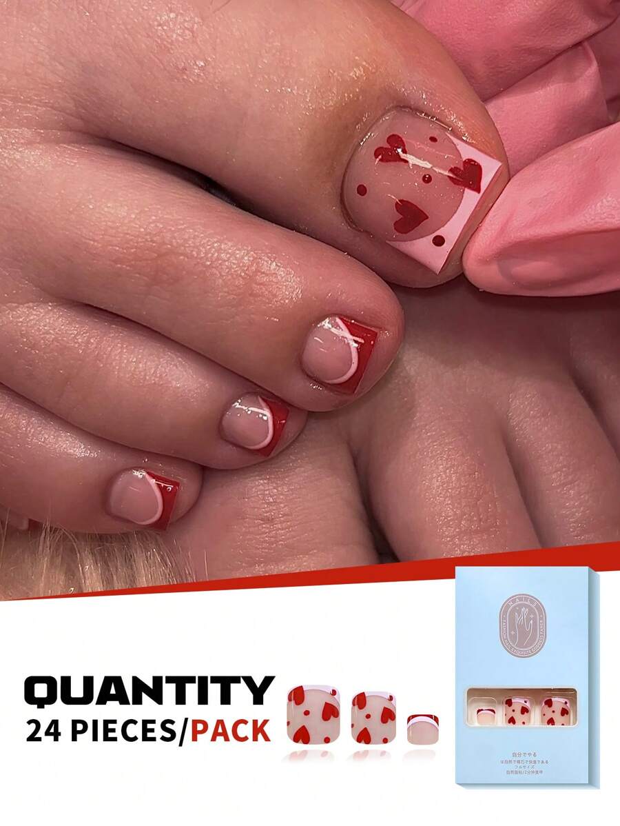 24PCS French Glitter Acrylic False Toenails - Romantic Red Square Nails With Full Coverage Design, Includes Jelly Glue & Nail File, Perfect For Daily Wear, Parties, Shopping, Afternoon Tea - Ideal For Ladies & Girls Press On Nails
