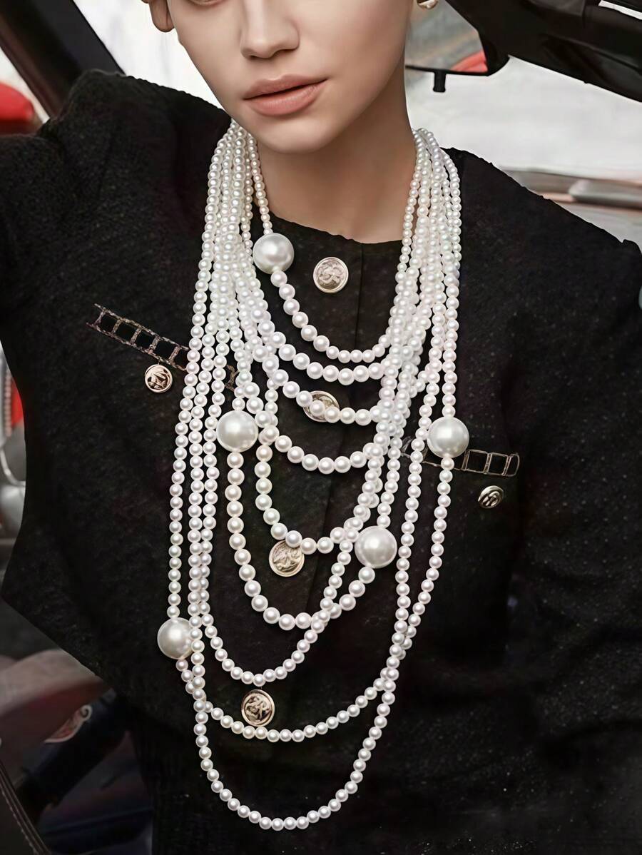 2pcs/Set Euorpean & American Heavy Industry Pearl Necklace Jewelry Set Including 1pc Necklace And 1pair Earrings, Multi-Layer Clothing Faux Pearl Tassel Necklace Set