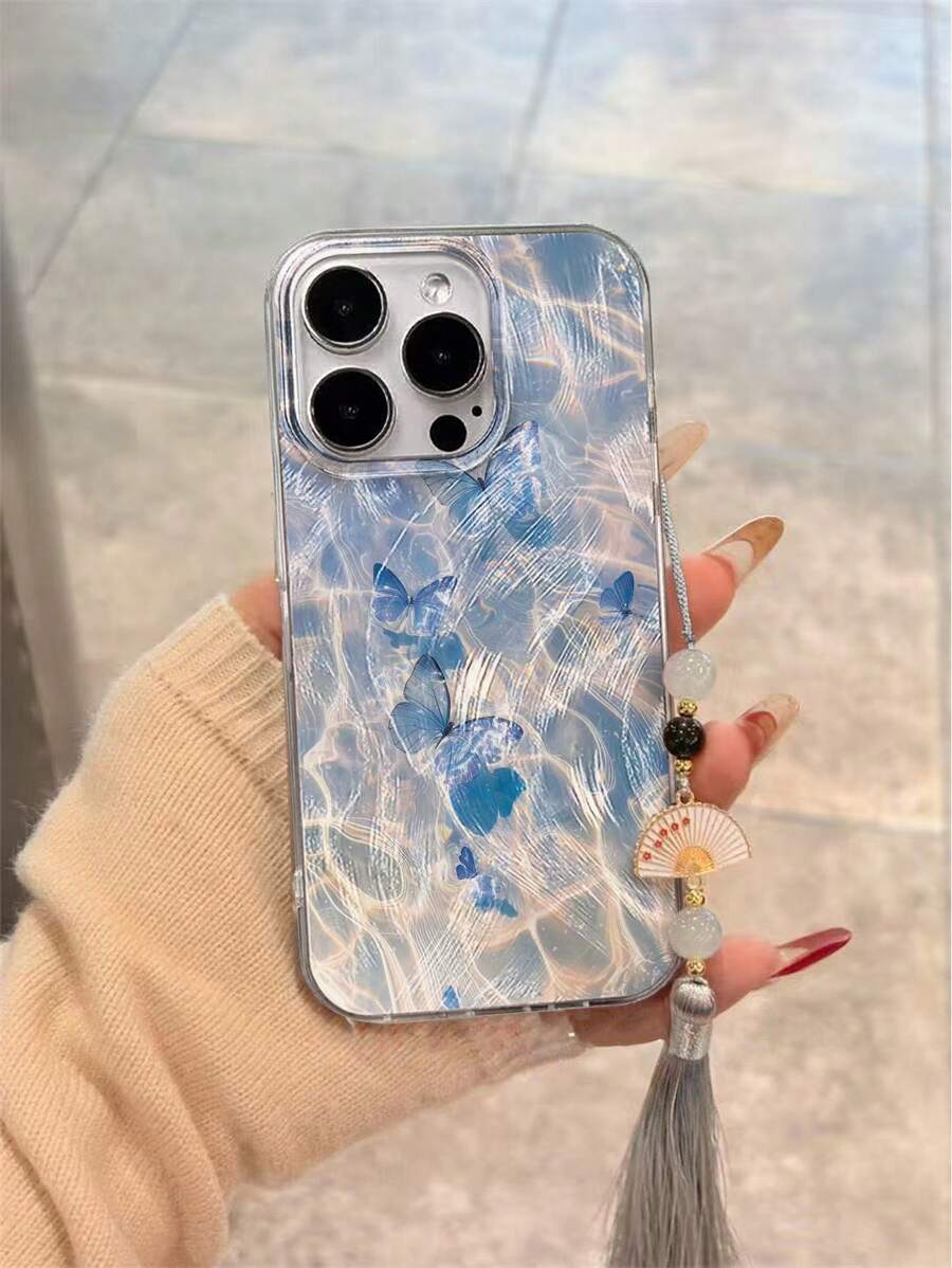 New Gradient PC+TPU Hollow Feather Butterfly Painted Anti-Drop Phone Case With Beaded Tassel Folding Fan Pendant Accessory, Compatible With Apple, Colorful Anti-Drop Phone Case