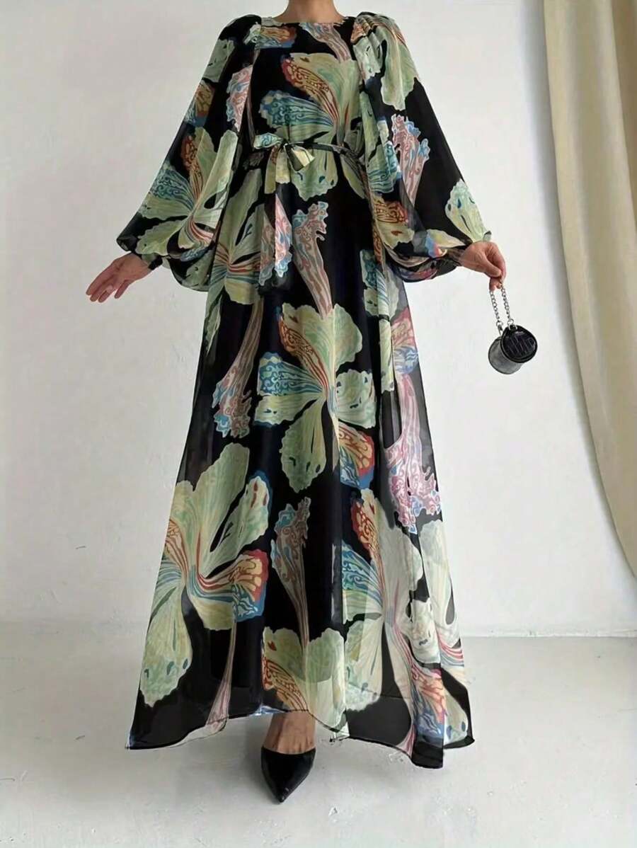 Vestido elegante y modesto con cuello redondo, mangas farol y estampado floral para mujer