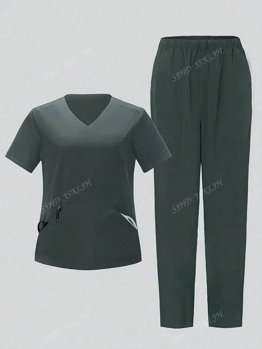 Ensemble de tenue de médical pour femmes avec Top à manches courtes unicolore et pantalon long