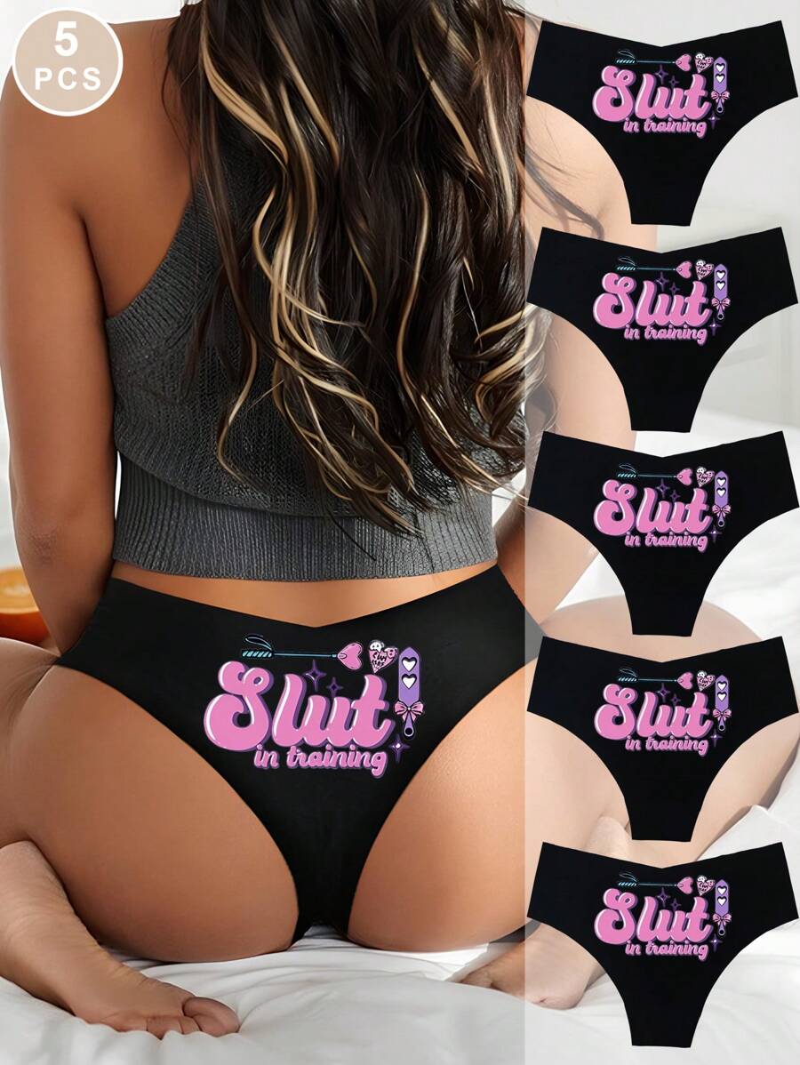 paquete de 5 bragas sin costuras para mujer, tanga tipo slip suave y cómodo con diseño de letras divertido e impreso de manera sexy