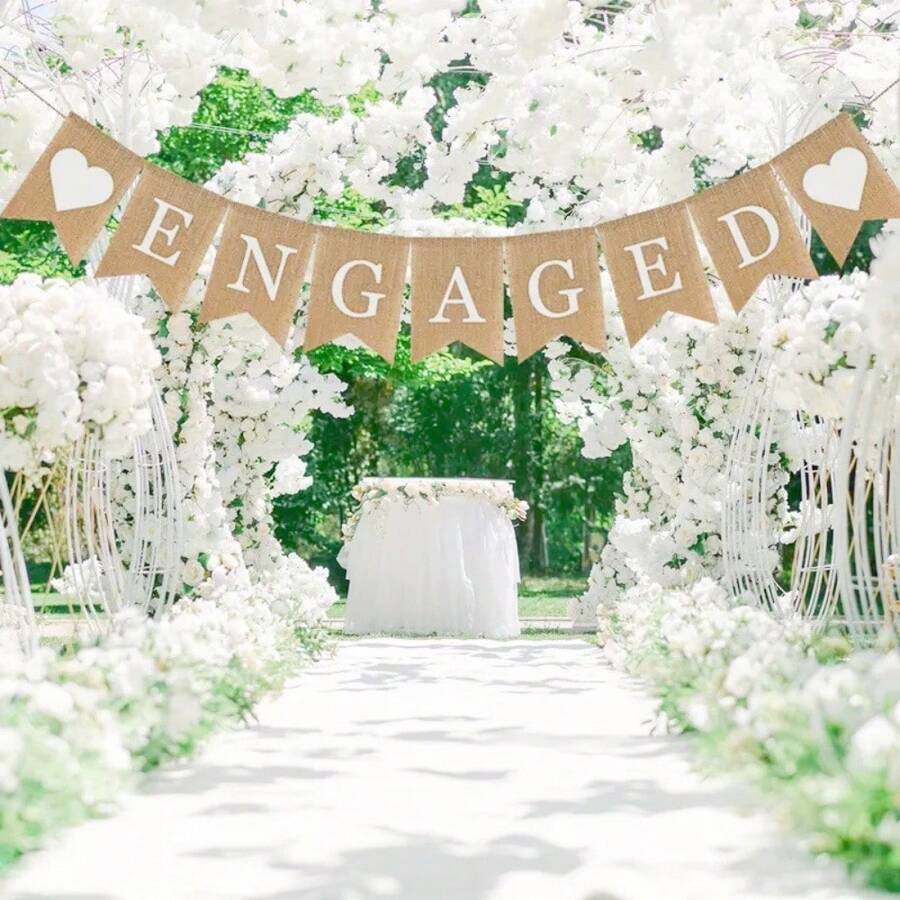 1Set Charming Linen Engagement Party Banner - "Engaged" Celebration Flag, Reusable Wedding And Engagement Party Decoration