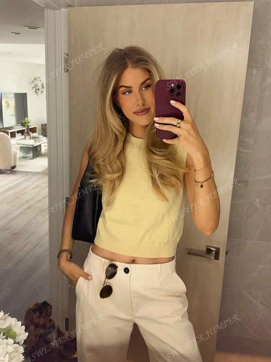 Women's Spring And Summer Vacation Round Neck Goose Yellow Sleeveless Casual Versatile Knitted Top,Work/Office