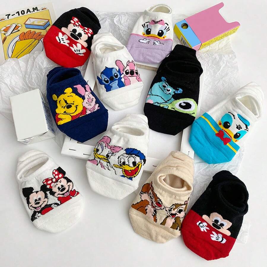Disney 10 pares de calcetines invisibles casuales de poca profundidad con estampados aleatorios y de Minnie y Stitch, adecuados para la primavera y el verano, para mujeres