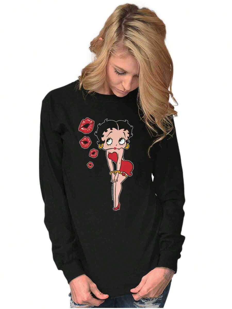 Betty Boop Womens Long Sleeve Graphic Tee Shirt Classic Cute Vintage Retro Animated Sassy Cartoon Character Kissy Lips Ladies Casual Fashion Cotton Printed Crewneck Tshirt Brisco Brands