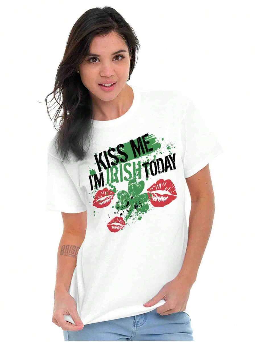 St Patrick's Day Womens Graphic Tee Shirt Saint Paddy's Day Funny Sarcastic Kiss Me I'm Irish Four Leaf Clover Shamrock Lips Ladies Casual Fashion Cotton Printed Short Sleeve Crewneck Tshirt Brisco Brands