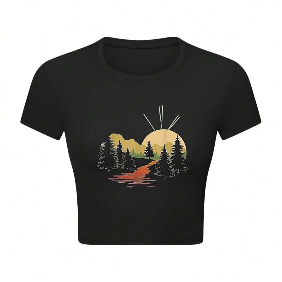 Women's Crop Top T-Shirt - Sunset Forest Adventure Design In Black