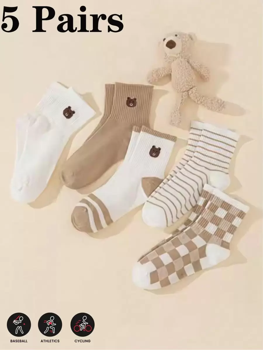 Set de 5 pares de calcetines bajos y casuales para mujer con lindo estampado de oso, de estilo de moda, transpirables y cómodos