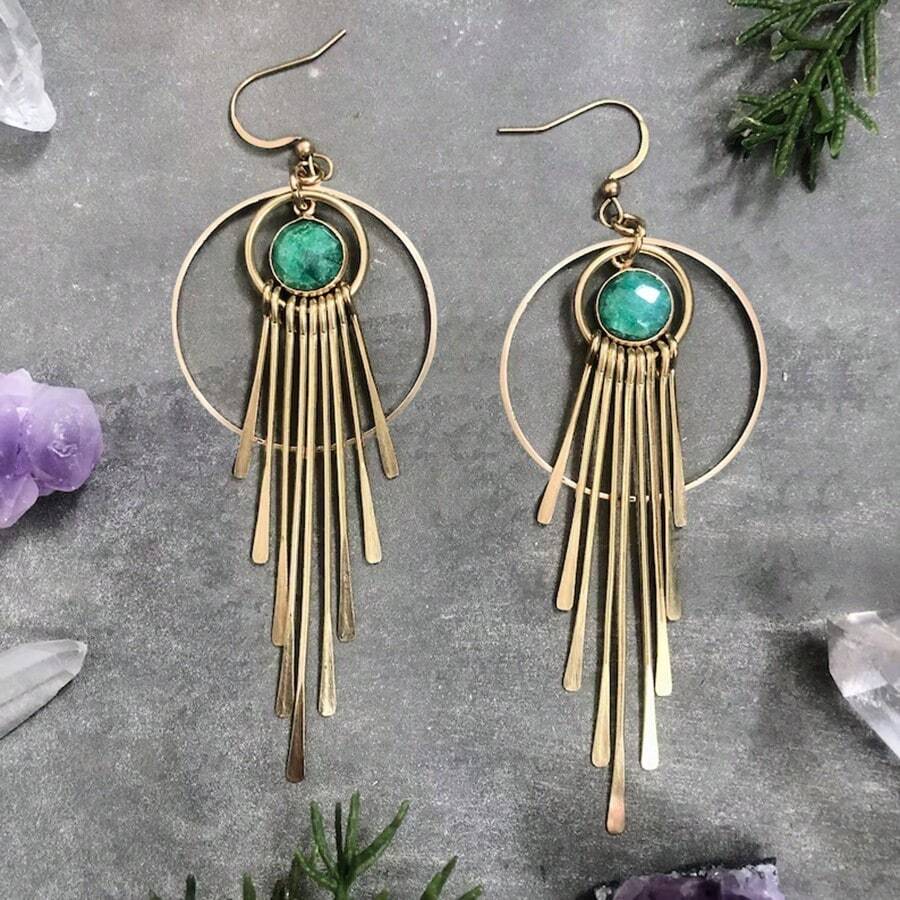 Boucles d'oreilles pendantes rondes doubles avec pierres précieuses synthétiques Boho longues, style vintage pour un port quotidien et un cadeau de fête pour femmes
