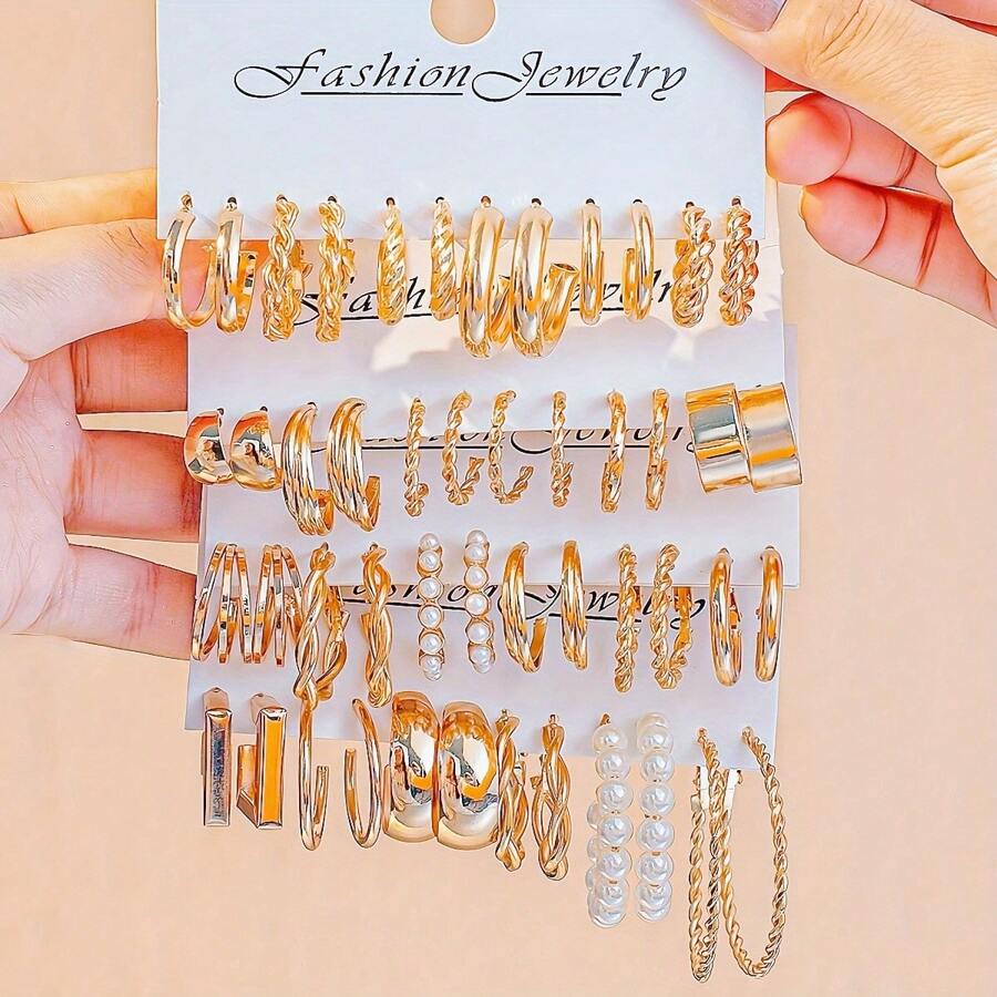 Juego de 24 piezas de pendientes de mujer de metal simple de moda, set de pendientes aro con geometría y perla artificial, adecuado para uso diario, vacaciones, regalo, empaquetados con tarjeta de papel y bolsa
