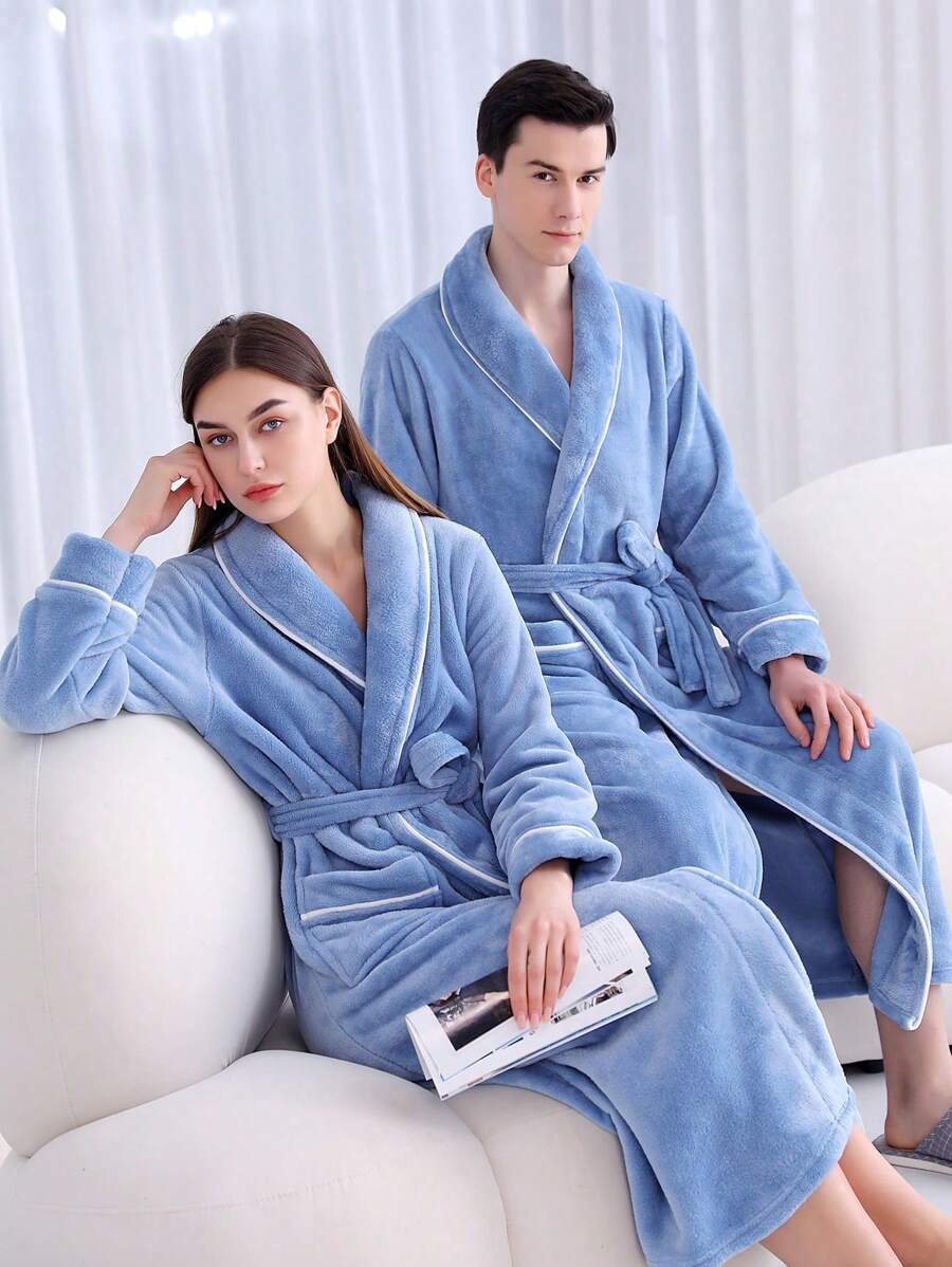 1pc Autumn/Winter Extended Thick Flannel Bathrobe, Elegant Adult Flannel Bathrobe, Summer,Holiday Home Bathroom Decor
