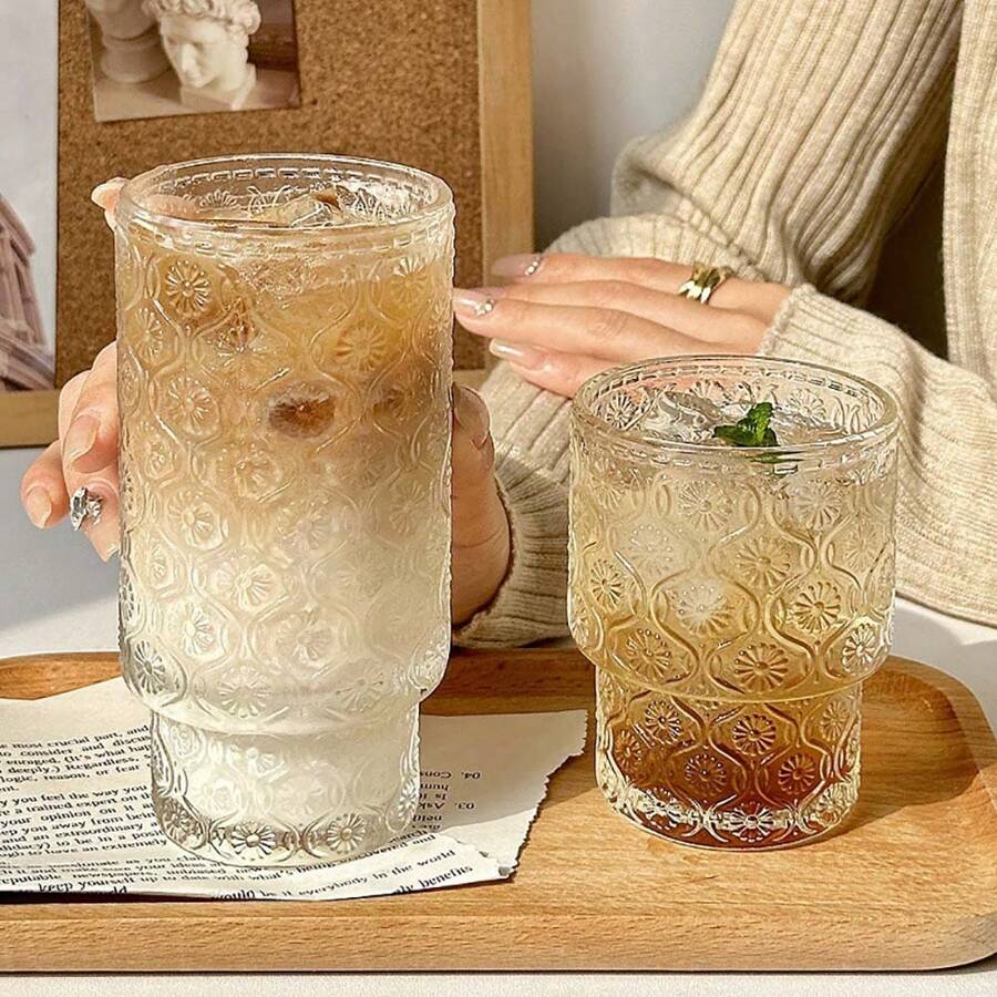 1 pieza Taza de vidrio rayado y empilada con junta de bambú para café, bebida, jugo o bebida