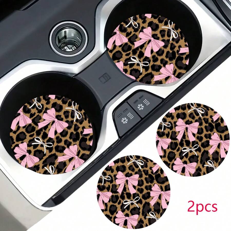 2 pièces Dessous de verre motif imprimé nœud léopard pour voiture, tapis de voiture stylé à séchage rapide et antidérapant