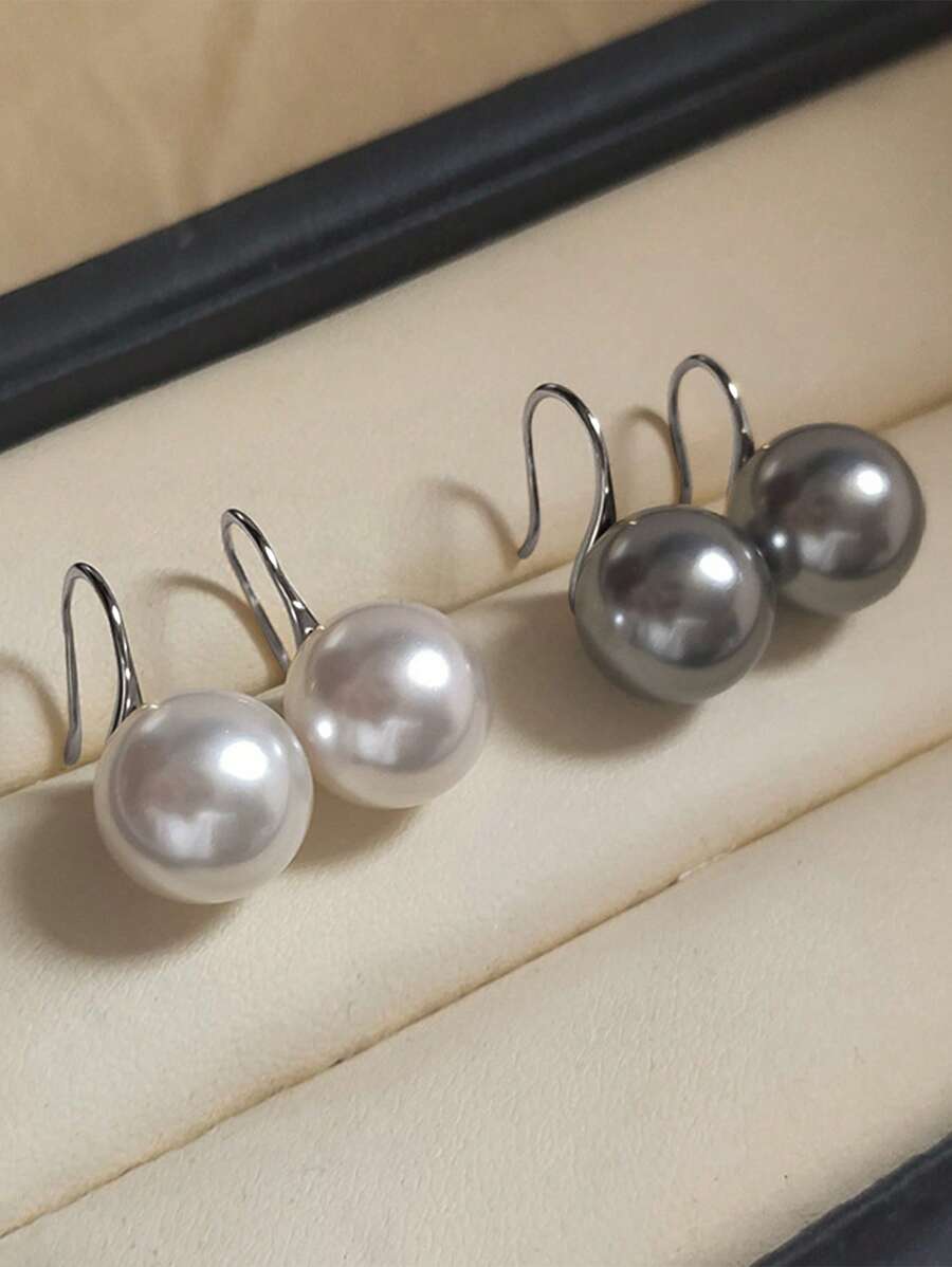 1 pereche de cercei eleganti cu perle artificiale, argint S925, cercei de lux vintage și minimalisti, cu decor de perle artificiale circulare gri de înaltă calitate, cercei metalic cu cârlig pentru ureche