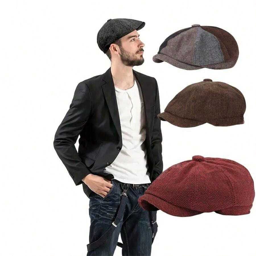 Retro British Plaid Octagonal Cap Men, Autumn/Winter Fashion Beret Cap, Korean Style Newsboy Hat