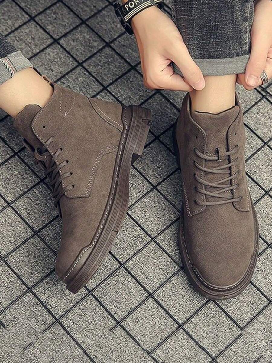 Hombres De Moda De Color Sólido Punta Redonda Con Cordones Botas De Tacón Grueso, Cómodo Antideslizante Botas De Los Hombres De Tobillo, Botas De Trabajo Multifuncional, Adecuado Para Caminar Al Aire Libre, Entrenamiento De Trabajo