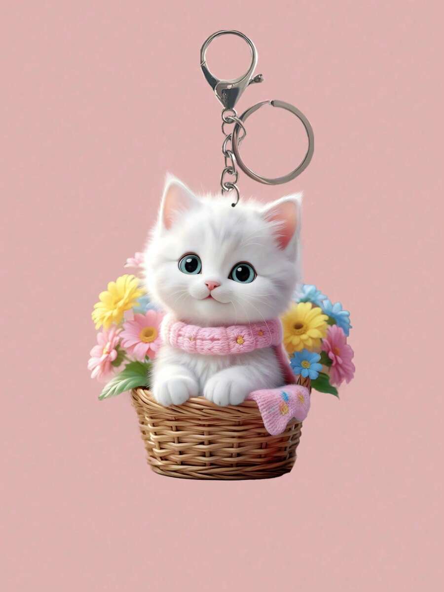 1 pieza Llavero de acrílico decorativo con diseño de gato y flor en estilo casual y adorable, accesorio encantador para mochila, colgar en el auto, accesorios de auto para todas las temporadas, bolso, regalo