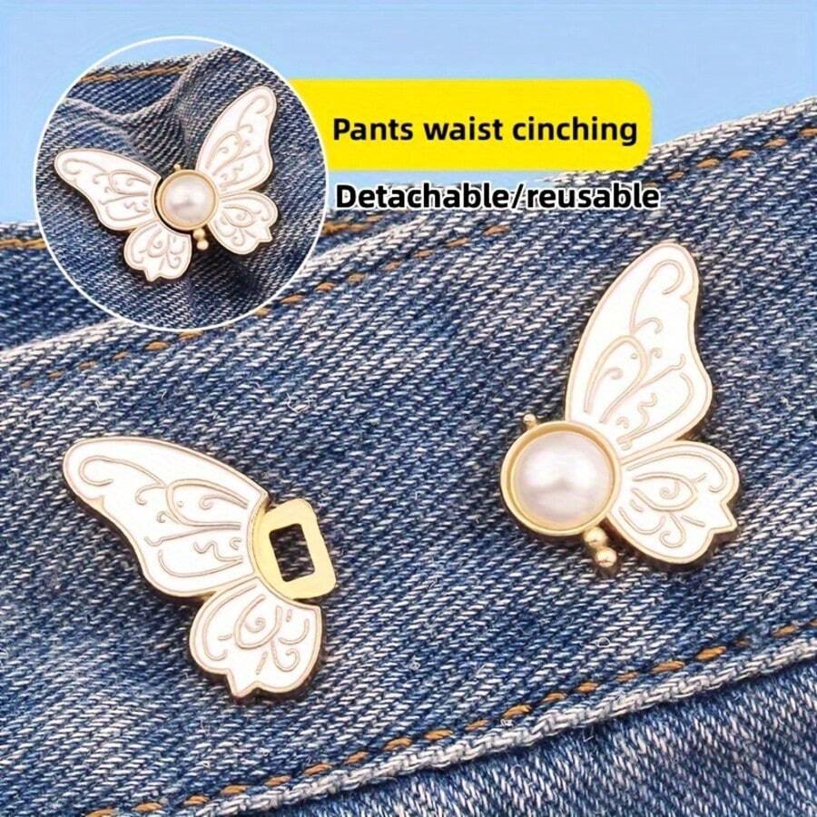 4pcs Butterfly Waist Cincher Jeans Buttons Adjustable Waist Tightener, No Piercing Invisible Buckle Decorative Buttons
