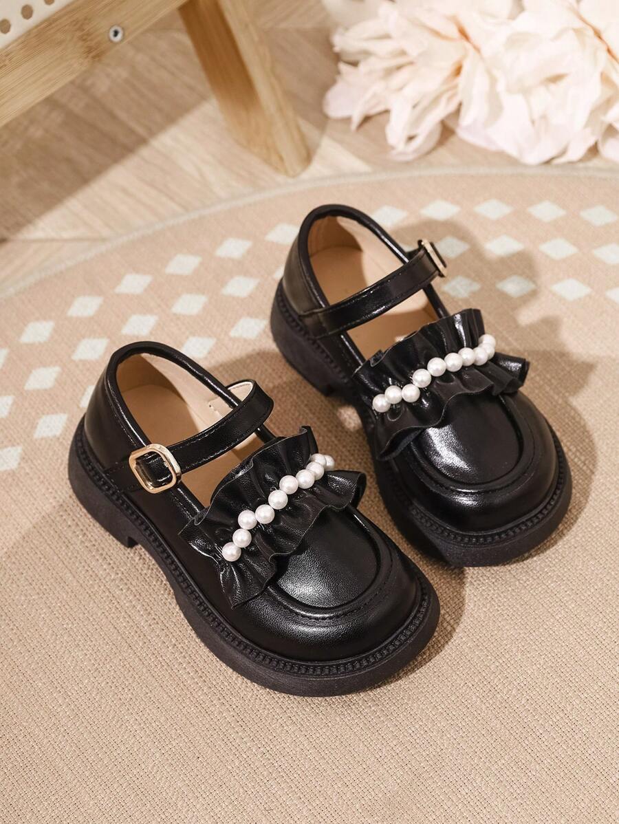 1 paire de chaussures filles mode en dentelle, faux perle, avec fermeture crochet et boucle antidérapante, convient pour l'école, l'extérieur, le port quotidien, toutes les saisons