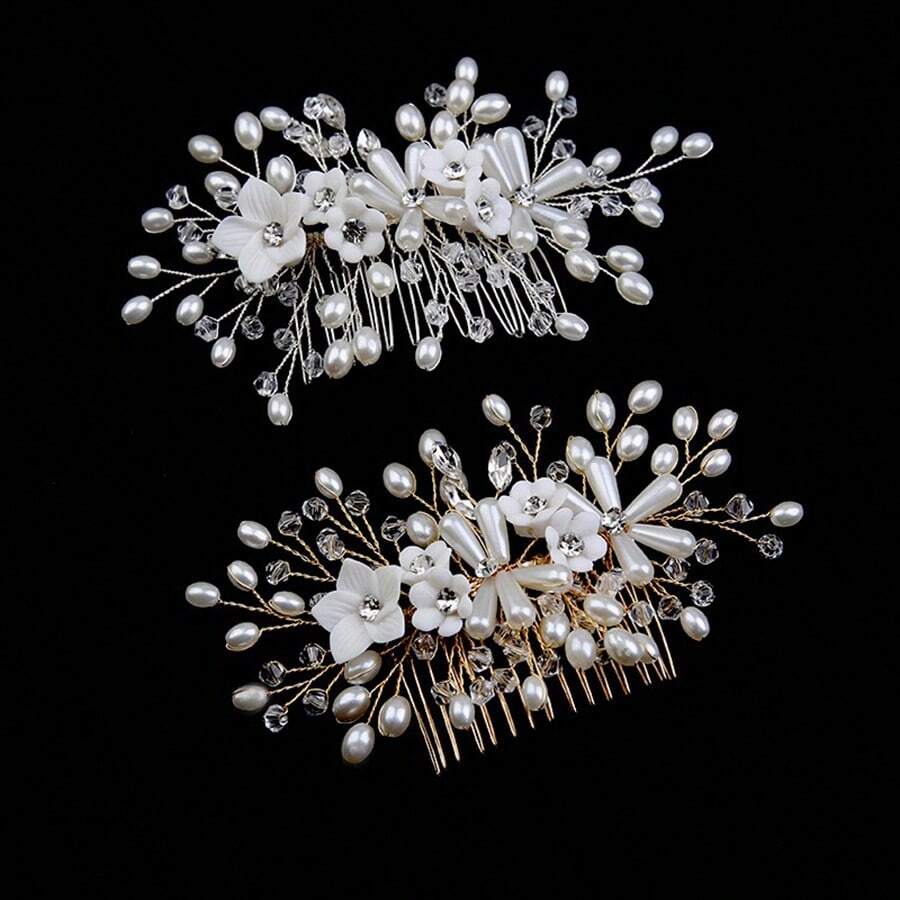 1pc Vrouwen Hoofddeksel Witte Bloem Kristal Kunst Parel Haar Kam, Europese En Amerikaanse Stijl Bruiloft Accessoires, Handgemaakte Bruidshaar Clip Voor Kapsels, Bruidsjurk En Jurk