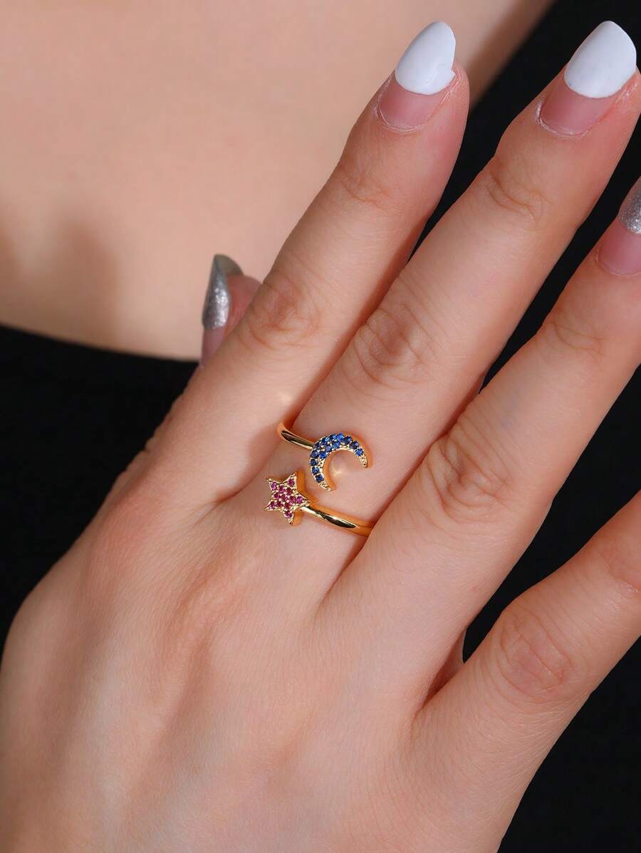 1 pièce Bague pour couple avec design de lune en croissant et d'étoile avec zirconias incrustés, ajustable. Cadeau de luxe minimaliste pour un port quotidien