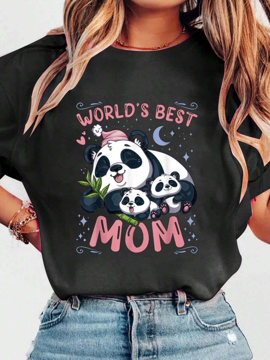 Mother Panda Bear & 2 Cubs, Mother's Day, World's Best Mom Print Crew Neck Casual T-Shirt Short Sleeve Sports Top, Smart Casual/Street Style Women's Clothing