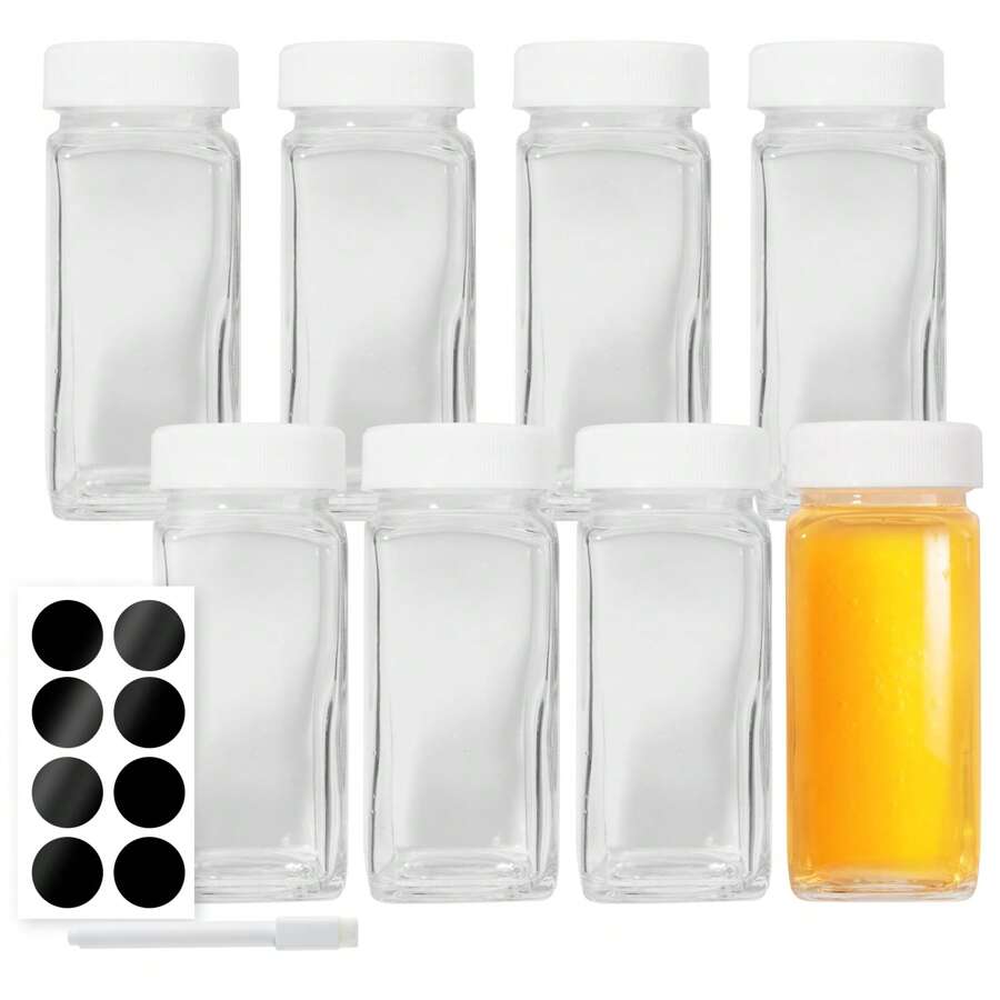 Juego de 8 piezas/6 piezas de botellas de vidrio de boca ancha para líquidos, botellas para tomar jengibre con tapas, envases para zumos de bienestar, botellas de agua cuadradas pequeñas de 4 oz/120 ml para uso en exteriores, a prueba de fugas.