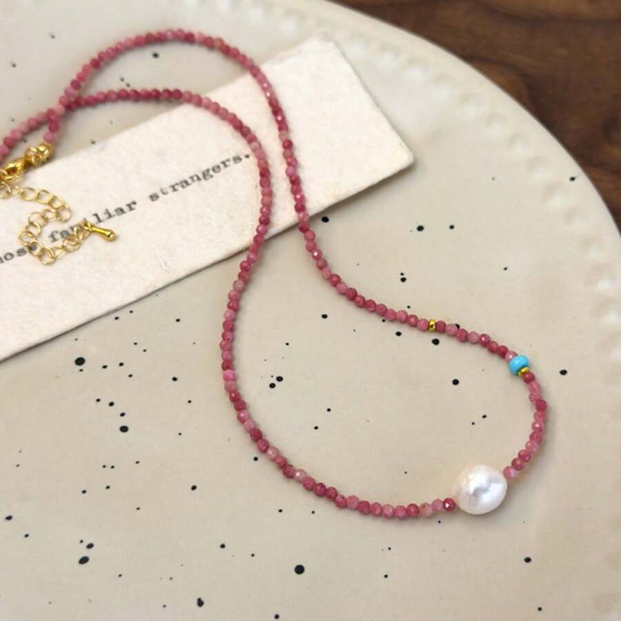 1pc Boutique French Romantic Elegant Collarbone Necklace With Red Stones And Pearl Beaded Chain, Versatile Choker For Spring & Summer