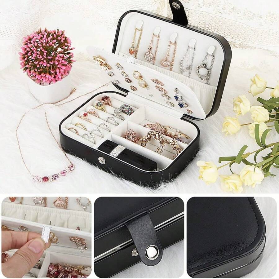 1 pieza Caja de joyería portátil de doble capa, organizador de joyas de viaje mini para aretes, anillos, collares, pulseras, almacenamiento multiusos, regalo del Día de San Valentín para joyas de mujer, para anillos, para collares, para pulseras, accesorio de joyería, bolsa de almacenaje de joyas, regalo de cumpleaños para mamá