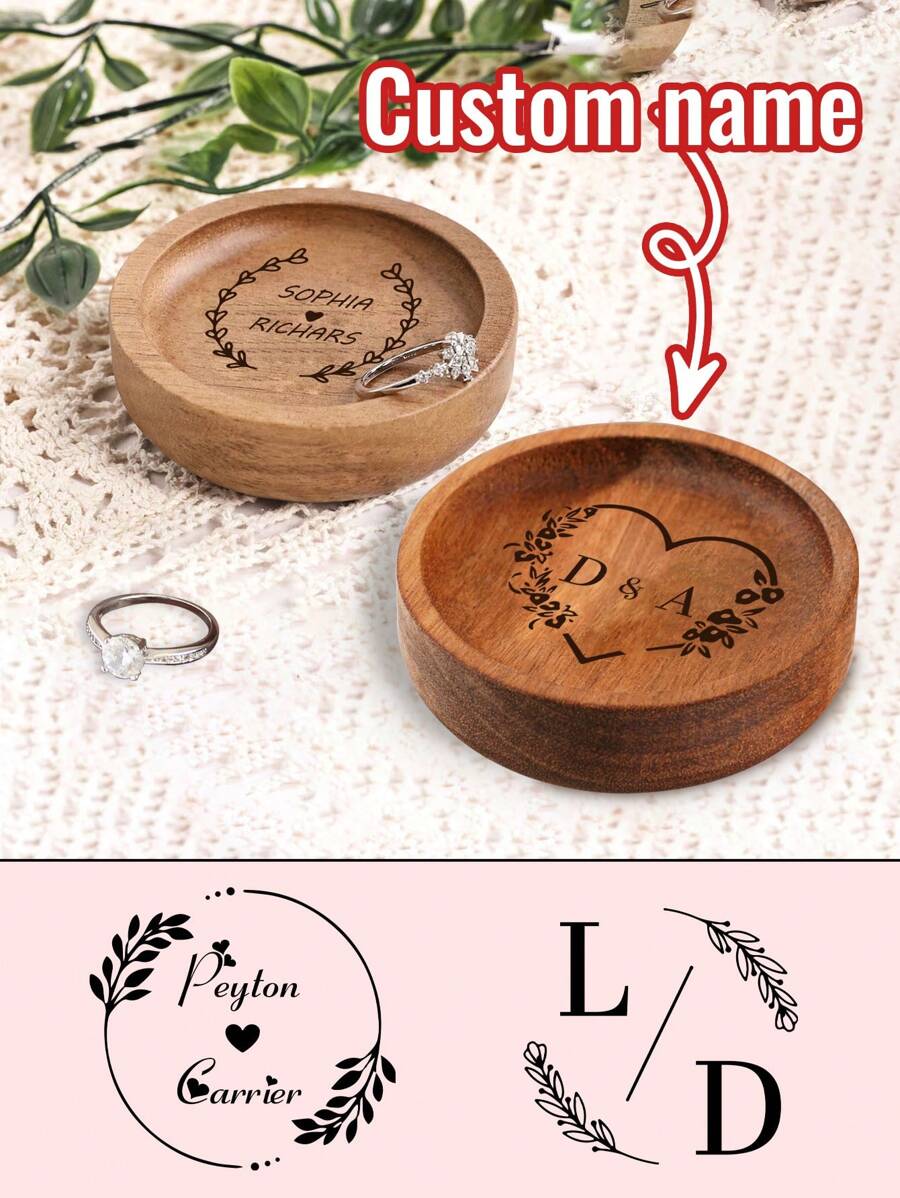 1/2Pcs Personalized Name Wooden Ring Plates, Custom Jewelry Boxes, Customized Engagement Gifts, Customizable First Marriage Ring Plates, Bride And Groom Gifts, Bride Proposal Gifts, Bride Showers, Anniversary Gifts, Personalized Ring Plates