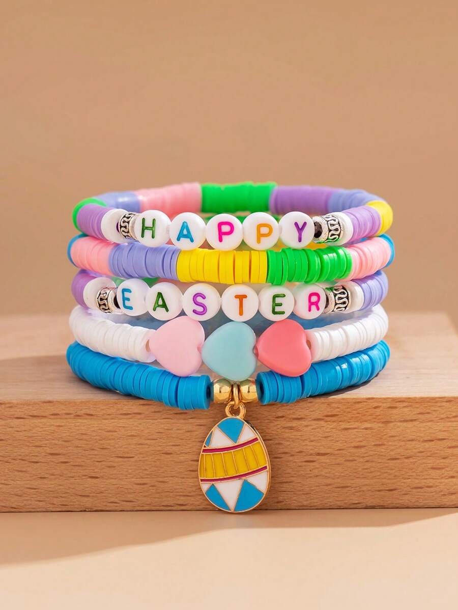 5pcs Fashionable Easter Elements Rabbit & Egg Pendant Bracelets Set, Stackable Colorful Beaded Resin Letter Charm Bracelet, Women Daily Accessory And Holiday Gift Jewelry