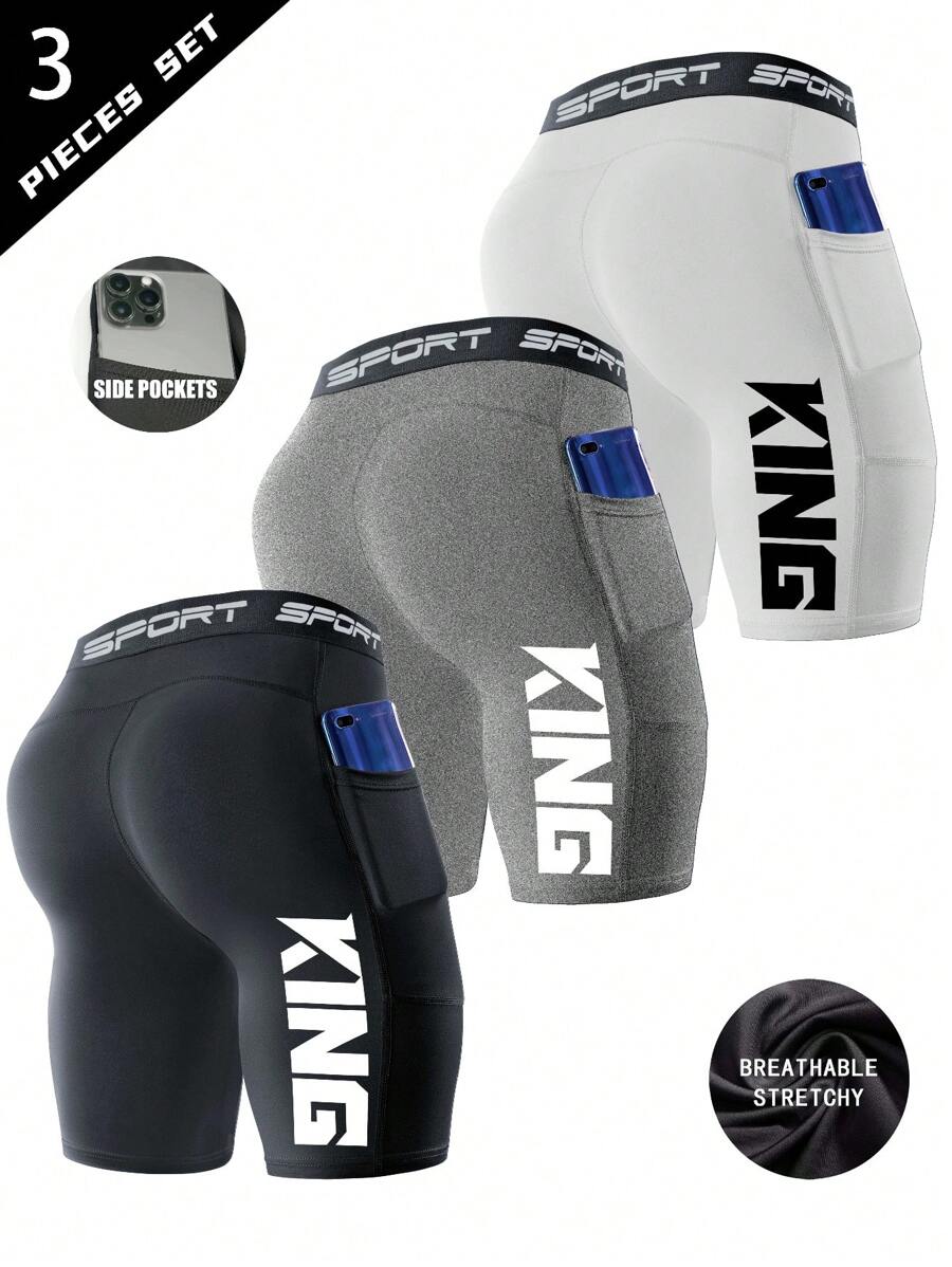 3pcs Men Sports Shorts, Contrast Color "KING" Print, High Elastic Quick Dry Basketball/Gym/Running 5 Inch Compression Pants