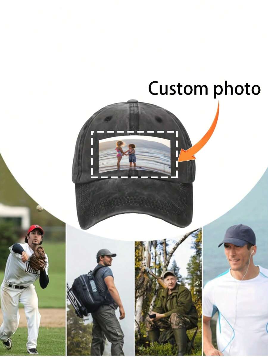1pc Customizable Photo Baseball Cap, Grey Washed Vintage Look, Adjustable Strap, Suitable For Outdoor Sports, Birthday, Anniversary And Special Occasions Gifts