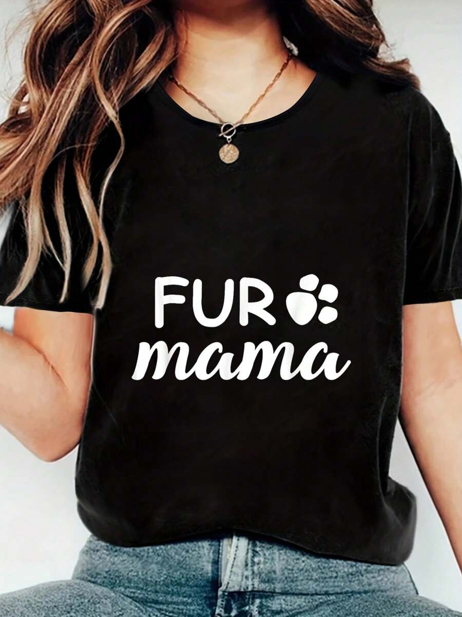 Cute Fur Mama Paw Print Dog Mom T-Shirt Women T Shirt, Short Sleeve Round Neck Casual Top For Summer & Spring, Women's Clothing