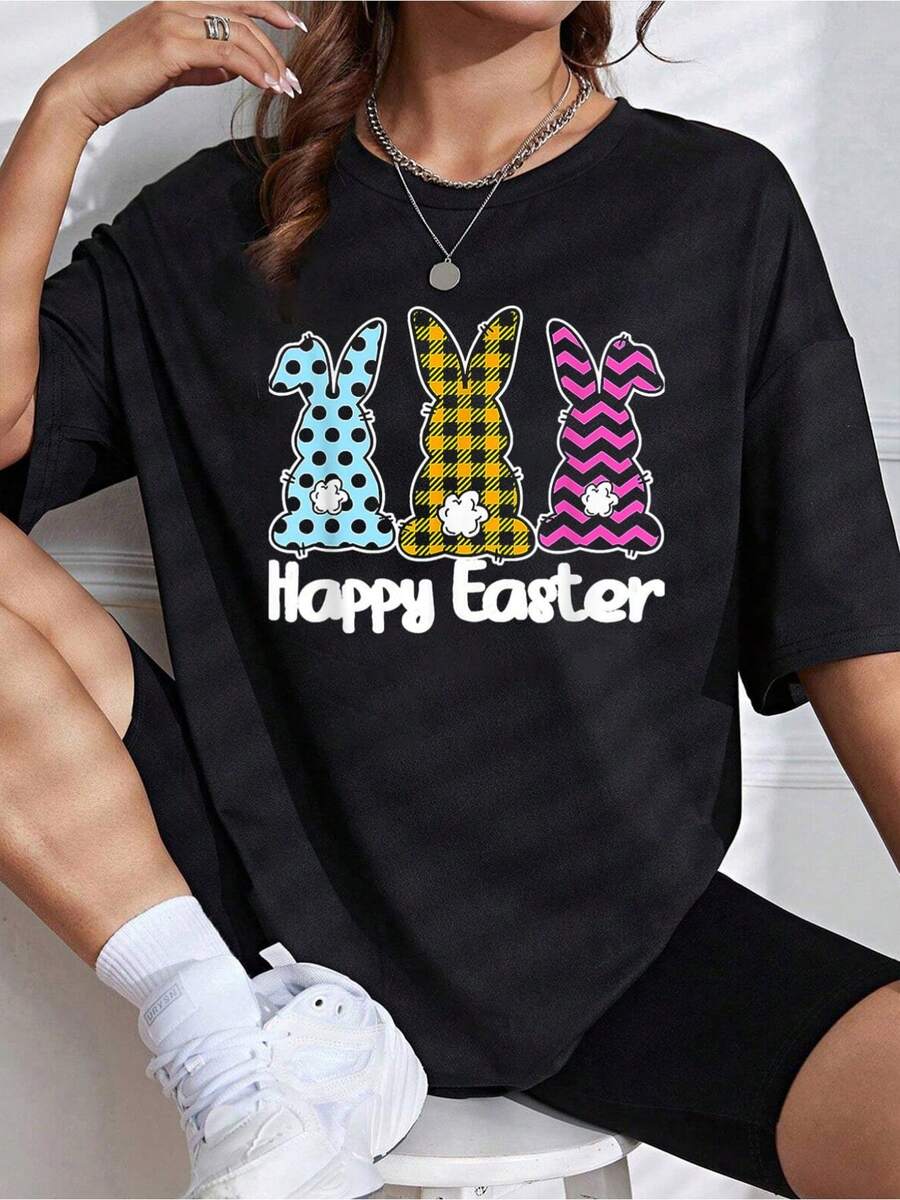 Plaid Bunnies Happy Easter, Easter Day, Cute Rabbit T-ShirtCasual Short Sleeve Printed Crew Neck T-Shirt For Spring & Summer - Comfortable, Relaxed Fit