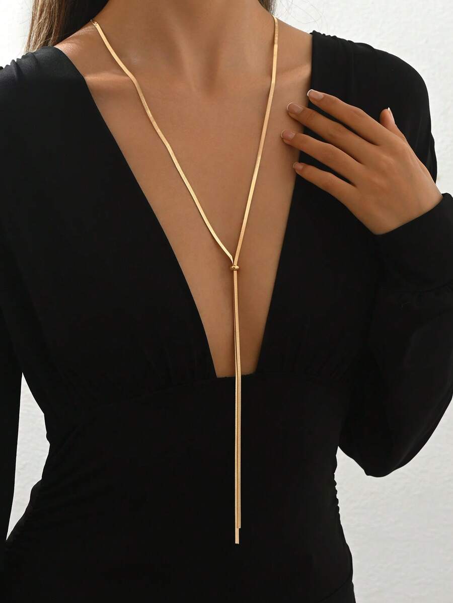 1 pieza Collar de cadena en forma de Y de acero inoxidable chapado en oro de 18 k, lujoso, elegante, minimalista y versátil, extra largo, apropiado para que las mujeres lo usen en reuniones, vacaciones románticas, citas con amigos, desfiles de moda, bares, viajes, traslados a la oficina, vacaciones, baile y viajes a la playa
