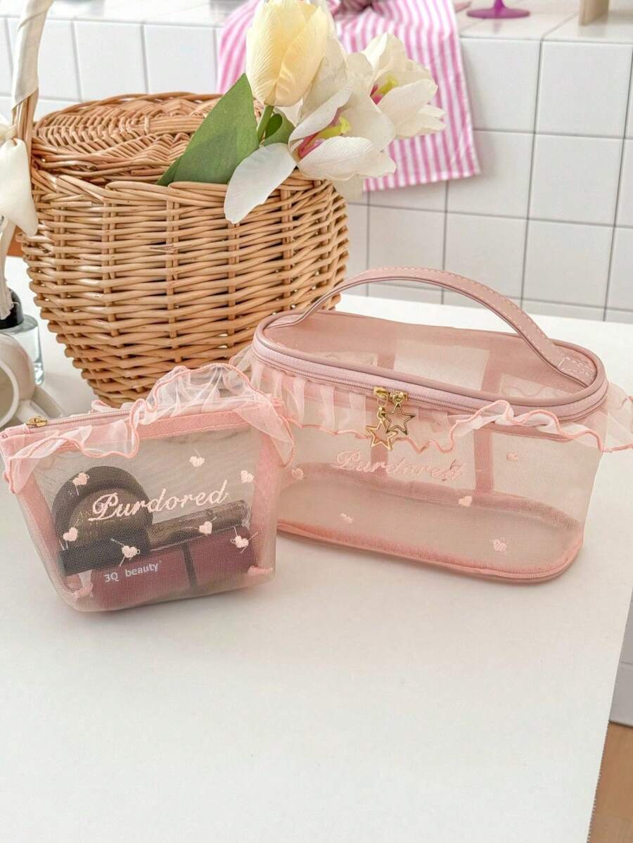 1Pc/Set Pink Ruffle Lace Heart Embroidery Mesh Multi-Functional Cosmetic Organizer Wallet Pouch Portable Cosmetics Brush Storage Clutch With Zipper Closure For Lipstick, Brush, Skincare, Mobile Phone, Coin, Small Items, For Home, Travel, Vacation And School Use